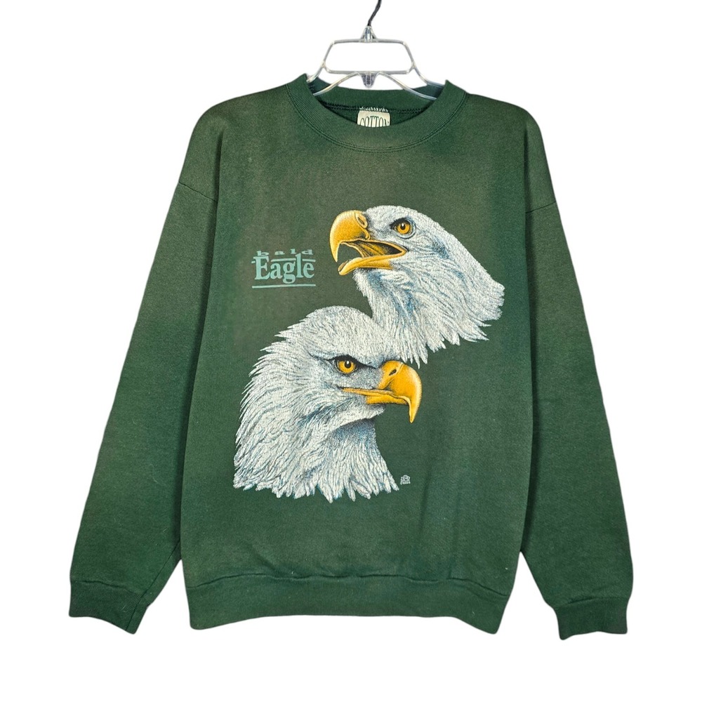 Vintage 90s Bald Eagle Crewneck Mens Medium American Nature Green Sweatshirt USA